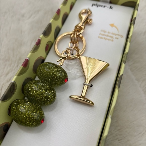 Piper K Martini & Olives Bag Charm ($42) from  Gold and Green Martini and Glass Stones Olives Keychain Purse Charm